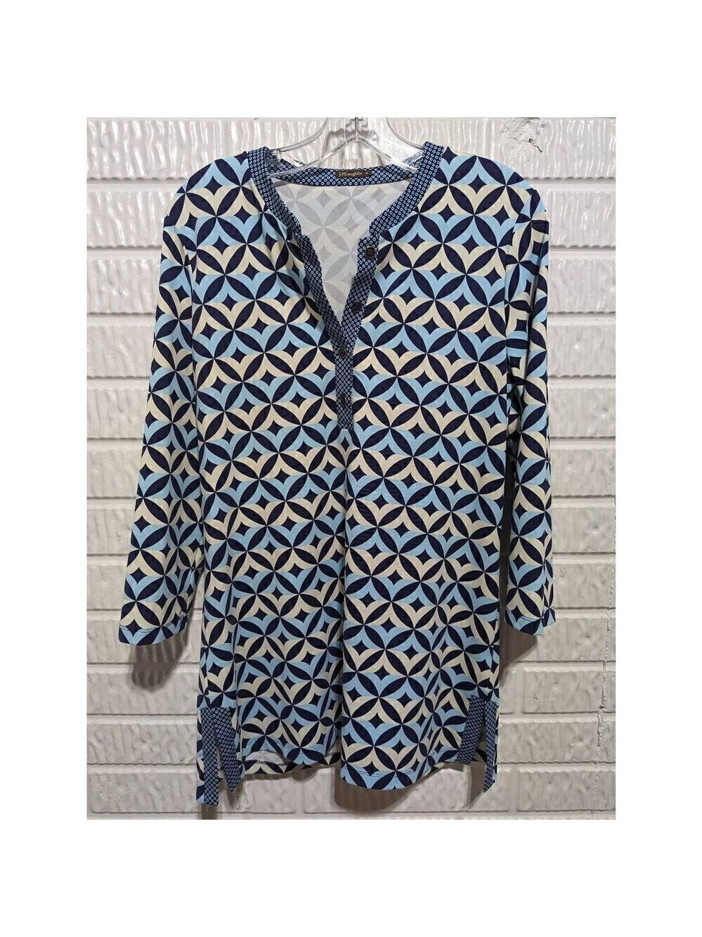 J. McLaughlin Women's M Light Blue Dark Blue And White Pattern Nylon Tunic Top